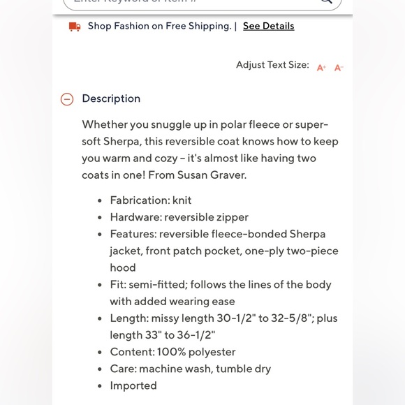 Susan Graver Weekend Reversible Polar Fleece & Sherpa Coat 10-12 Ivory/Clove - Picture 7 of 8